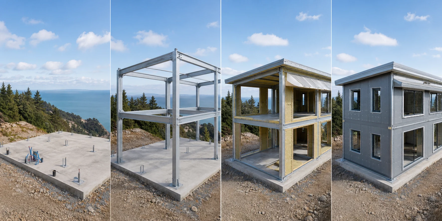 Comparación visual entre etapas de construcción Steel Frame y modular metálica