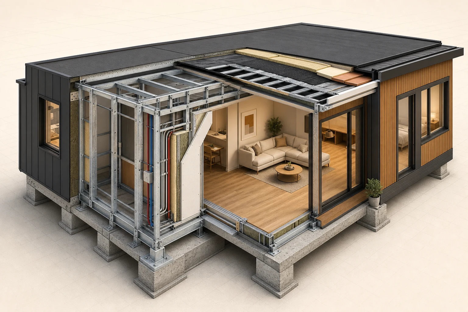 Infografía original del sistema constructivo completo de una vivienda modular metálica